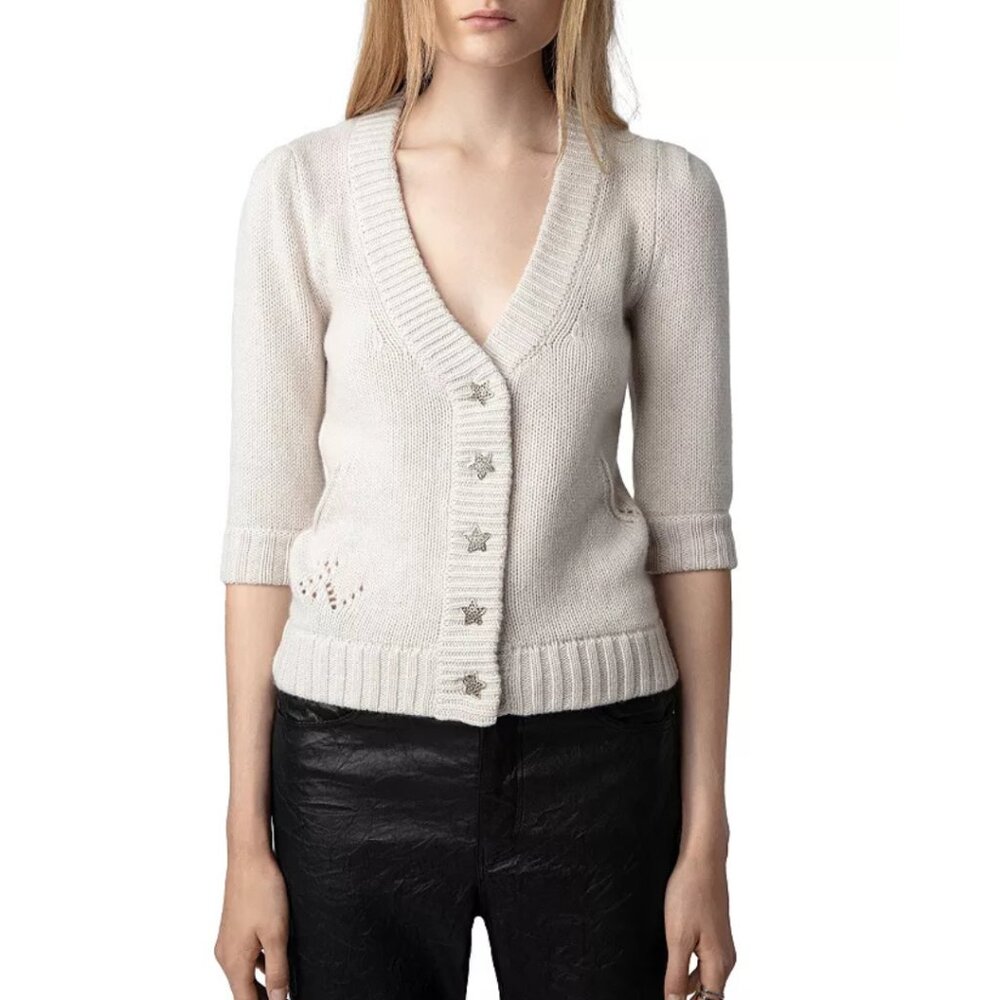 Zadig & Voltaire Betsy Cashmere Cardigan Cream Star Buttons Size S